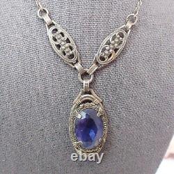 Vintage Art Deco Violet Blue Glass Drop Filigree Sterling Silver Necklace 16