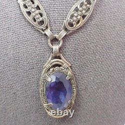 Vintage Art Deco Violet Blue Glass Drop Filigree Sterling Silver Necklace 16