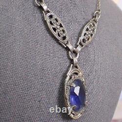 Vintage Art Deco Violet Blue Glass Drop Filigree Sterling Silver Necklace 16
