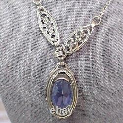 Vintage Art Deco Violet Blue Glass Drop Filigree Sterling Silver Necklace 16