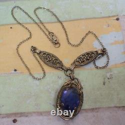 Vintage Art Deco Violet Blue Glass Drop Filigree Sterling Silver Necklace 16