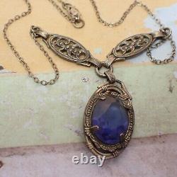 Vintage Art Deco Violet Blue Glass Drop Filigree Sterling Silver Necklace 16