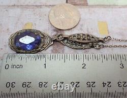 Vintage Art Deco Violet Blue Glass Drop Filigree Sterling Silver Necklace 16