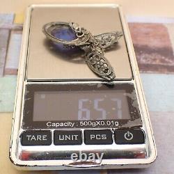 Vintage Art Deco Violet Blue Glass Drop Filigree Sterling Silver Necklace 16