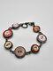 Vintage Artisan Sterling Silver Glass Buttons Link Bracelet Toggle Clasp