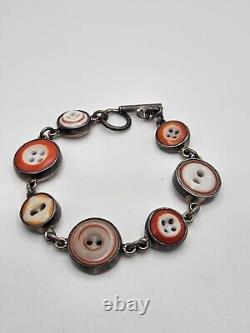 Vintage Artisan Sterling Silver Glass Buttons Link Bracelet Toggle Clasp