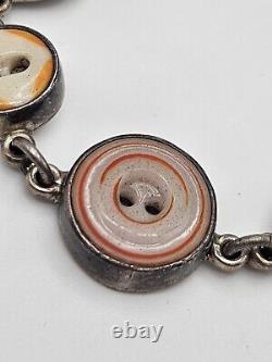 Vintage Artisan Sterling Silver Glass Buttons Link Bracelet Toggle Clasp