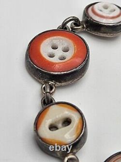 Vintage Artisan Sterling Silver Glass Buttons Link Bracelet Toggle Clasp