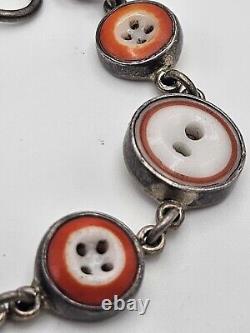 Vintage Artisan Sterling Silver Glass Buttons Link Bracelet Toggle Clasp