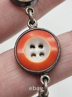 Vintage Artisan Sterling Silver Glass Buttons Link Bracelet Toggle Clasp