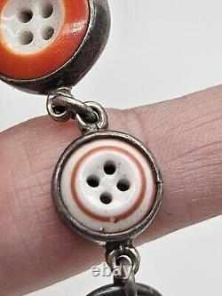 Vintage Artisan Sterling Silver Glass Buttons Link Bracelet Toggle Clasp