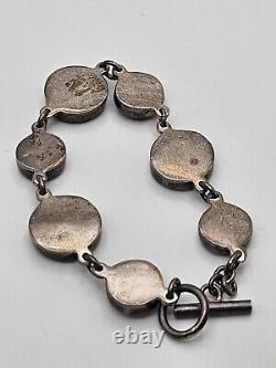 Vintage Artisan Sterling Silver Glass Buttons Link Bracelet Toggle Clasp