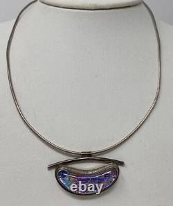 Vintage Artist Signed Modernist Sterling Silver Dichroic Art Glass Necklace