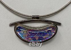 Vintage Artist Signed Modernist Sterling Silver Dichroic Art Glass Necklace
