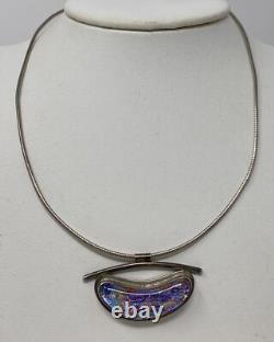 Vintage Artist Signed Modernist Sterling Silver Dichroic Art Glass Necklace