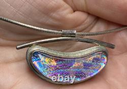Vintage Artist Signed Modernist Sterling Silver Dichroic Art Glass Necklace