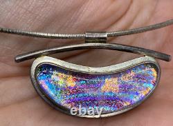 Vintage Artist Signed Modernist Sterling Silver Dichroic Art Glass Necklace