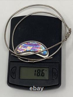 Vintage Artist Signed Modernist Sterling Silver Dichroic Art Glass Necklace