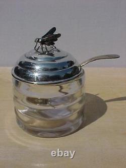 Vintage Beehive Glass Honey Jar Sterling Silver Lid & Spoon Marked R B & Co