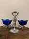 Vintage Blue Glass Sterling Silver Serving Dish And Double Bowl Stand