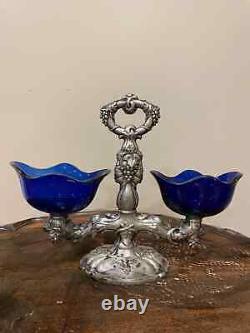 Vintage Blue Glass Sterling Silver Serving Dish And Double Bowl Stand
