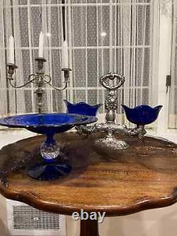 Vintage Blue Glass Sterling Silver Serving Dish And Double Bowl Stand