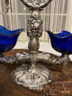 Vintage Blue Glass Sterling Silver Serving Dish And Double Bowl Stand