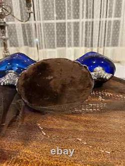 Vintage Blue Glass Sterling Silver Serving Dish And Double Bowl Stand