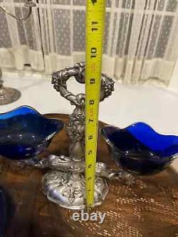 Vintage Blue Glass Sterling Silver Serving Dish And Double Bowl Stand
