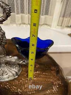 Vintage Blue Glass Sterling Silver Serving Dish And Double Bowl Stand