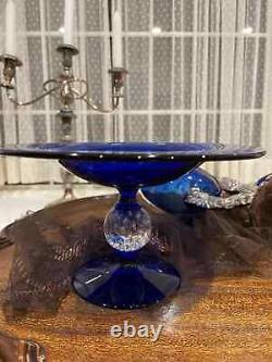 Vintage Blue Glass Sterling Silver Serving Dish And Double Bowl Stand