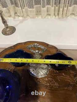 Vintage Blue Glass Sterling Silver Serving Dish And Double Bowl Stand
