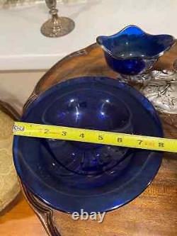 Vintage Blue Glass Sterling Silver Serving Dish And Double Bowl Stand