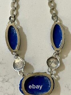 Vintage Blue Molded Czech Glass And Sterling Silver Choker & Screwback Earrings