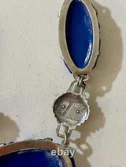 Vintage Blue Molded Czech Glass And Sterling Silver Choker & Screwback Earrings