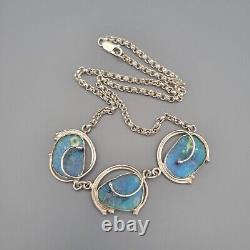 Vintage Blue Roman Glass Sterling Silver Modernist Handwrought Artisan Necklace