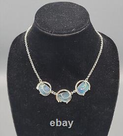 Vintage Blue Roman Glass Sterling Silver Modernist Handwrought Artisan Necklace