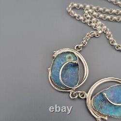 Vintage Blue Roman Glass Sterling Silver Modernist Handwrought Artisan Necklace