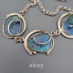 Vintage Blue Roman Glass Sterling Silver Modernist Handwrought Artisan Necklace
