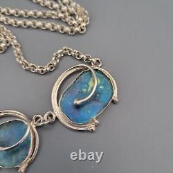 Vintage Blue Roman Glass Sterling Silver Modernist Handwrought Artisan Necklace