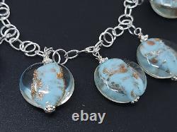 Vintage Blue Venetian Glass Sterling Silver Charm Bracelet 7