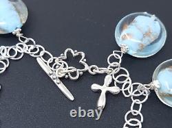 Vintage Blue Venetian Glass Sterling Silver Charm Bracelet 7
