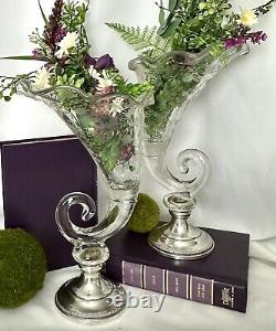 Vintage Cambridge Chantilly Cornucopia Glass Vase with Sterling Silver Base