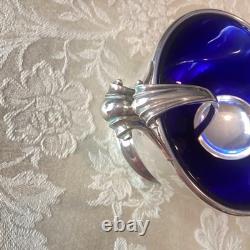Vintage Cartier Sterling Silver Condiment Bowl + Spoon & Cobalt Blue Glass Liner