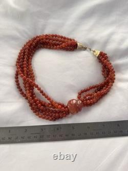 Vintage Chinese Export Sterling Silver Carved Floral Motif Carnelian Glass Beads