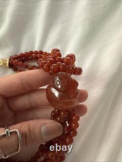 Vintage Chinese Export Sterling Silver Carved Floral Motif Carnelian Glass Beads