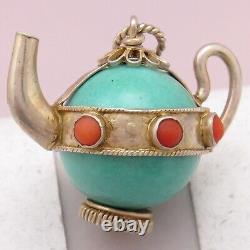 Vintage Chinese Sterling Silver Turquoise Glass Coral Teapot Charm Pendant