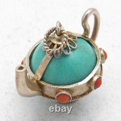 Vintage Chinese Sterling Silver Turquoise Glass Coral Teapot Charm Pendant