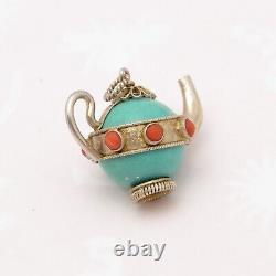 Vintage Chinese Sterling Silver Turquoise Glass Coral Teapot Charm Pendant