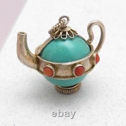 Vintage Chinese Sterling Silver Turquoise Glass Coral Teapot Charm Pendant